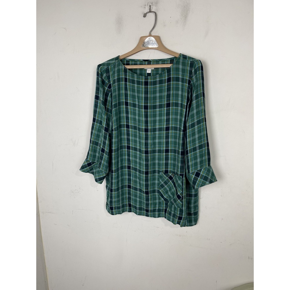 J.Jill‎ Womens L Green Plaid Long Sleeve Rayon Blouse Shirt Top Chest Pocket